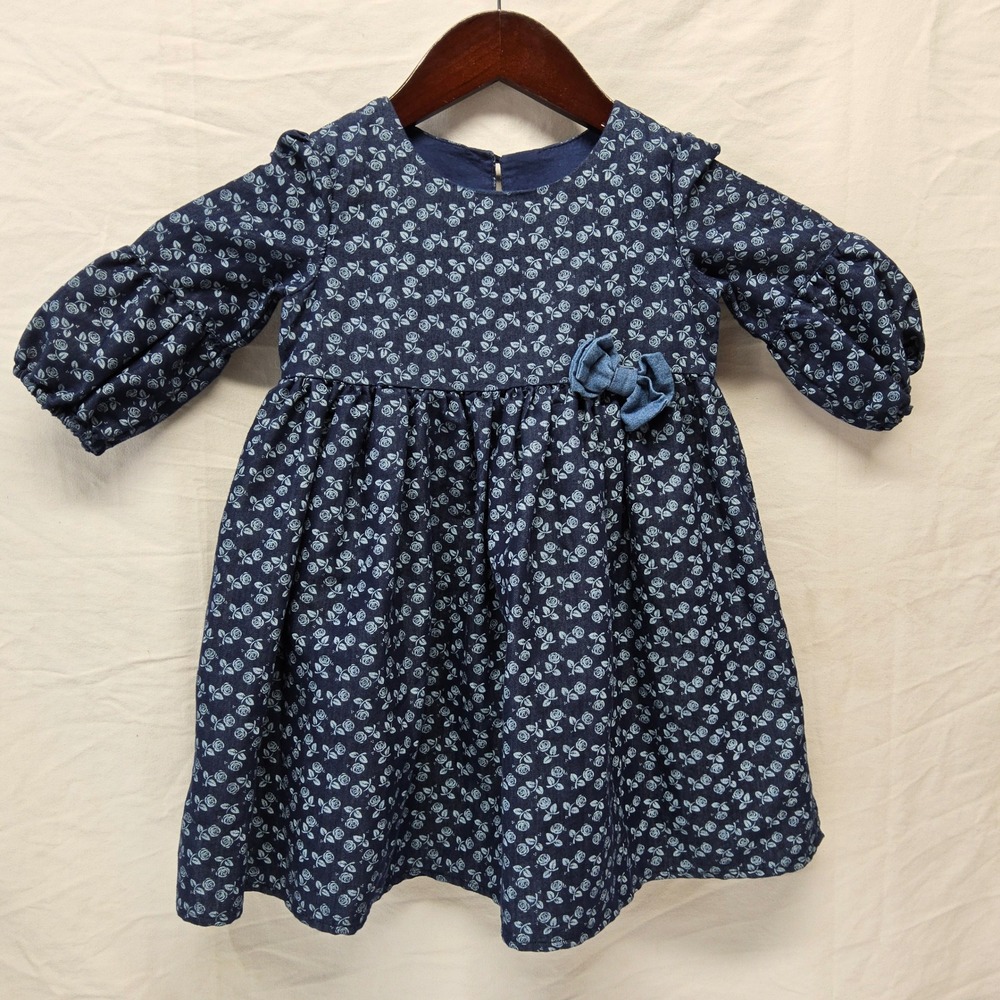 Laura Ashley London‎ Floral Dress Kids Size 5 Navy Blue Long Sleeve Bow Accent